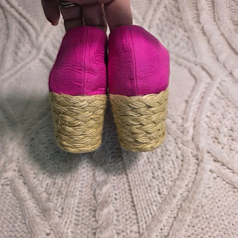 Ralph Lauren Cecilia Espadrille Wedge Heels Hot Pink Silk Peep Toe Womens 8.5B